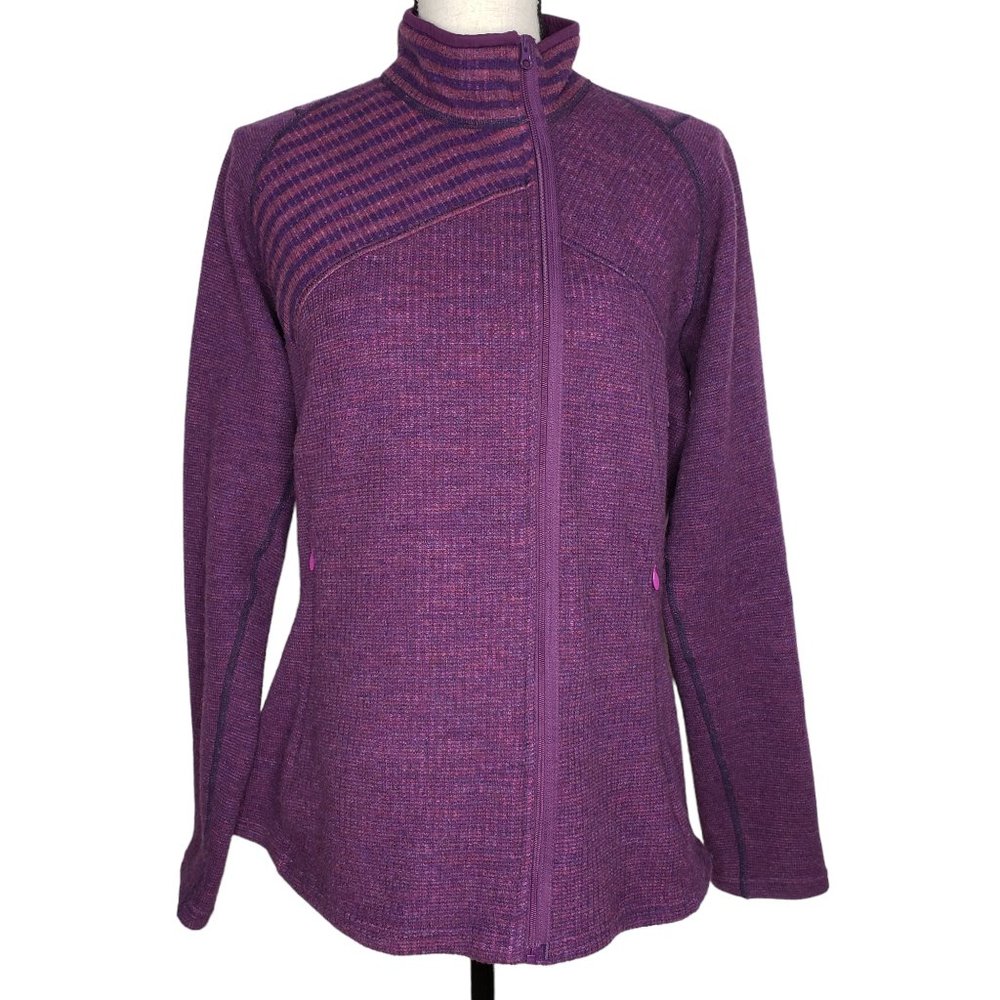 Title Nine Full Zip Cardigan Sweater Large Purple Wool Blend Asymmetrical Pocket